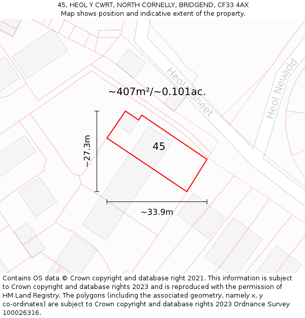 45, HEOL Y CWRT, NORTH CORNELLY, BRIDGEND, CF33 4AX: Plot and title map