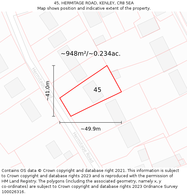 45, HERMITAGE ROAD, KENLEY, CR8 5EA: Plot and title map