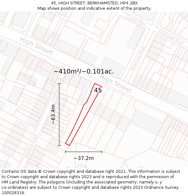 45, HIGH STREET, BERKHAMSTED, HP4 2BX: Plot and title map