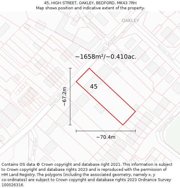 45, HIGH STREET, OAKLEY, BEDFORD, MK43 7RH: Plot and title map