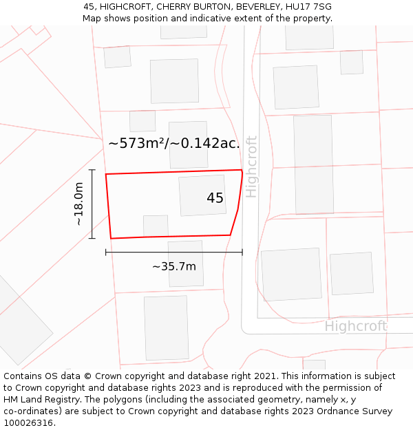 45, HIGHCROFT, CHERRY BURTON, BEVERLEY, HU17 7SG: Plot and title map