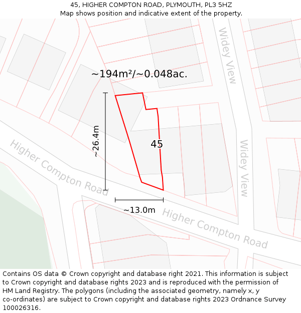 45, HIGHER COMPTON ROAD, PLYMOUTH, PL3 5HZ: Plot and title map