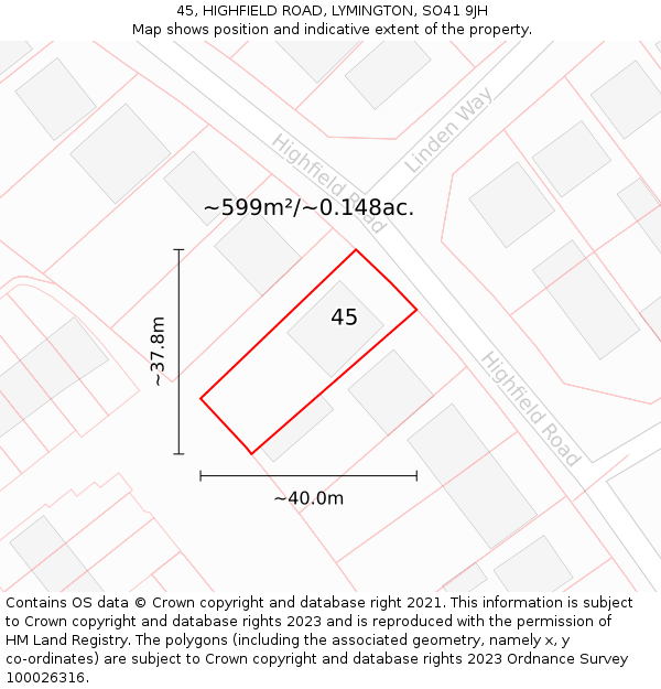 45, HIGHFIELD ROAD, LYMINGTON, SO41 9JH: Plot and title map