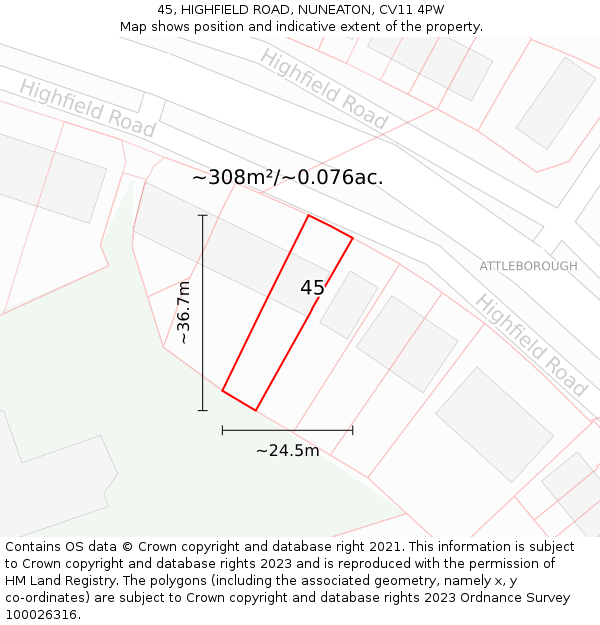 45, HIGHFIELD ROAD, NUNEATON, CV11 4PW: Plot and title map