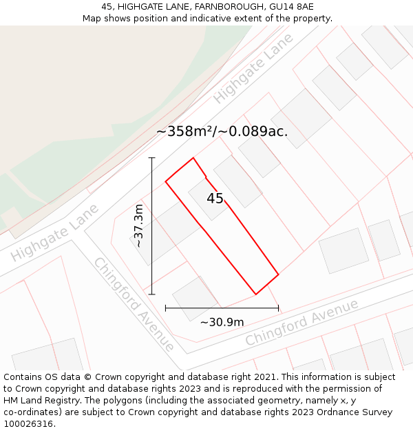 45, HIGHGATE LANE, FARNBOROUGH, GU14 8AE: Plot and title map