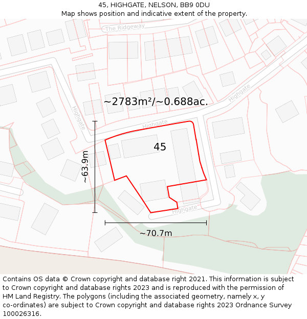 45, HIGHGATE, NELSON, BB9 0DU: Plot and title map