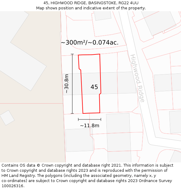 45, HIGHWOOD RIDGE, BASINGSTOKE, RG22 4UU: Plot and title map