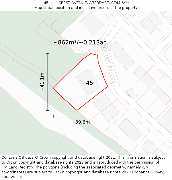 45, HILLCREST AVENUE, ABERDARE, CF44 6YH: Plot and title map