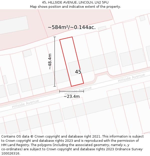 45, HILLSIDE AVENUE, LINCOLN, LN2 5PU: Plot and title map