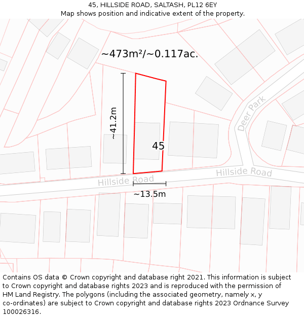 45, HILLSIDE ROAD, SALTASH, PL12 6EY: Plot and title map