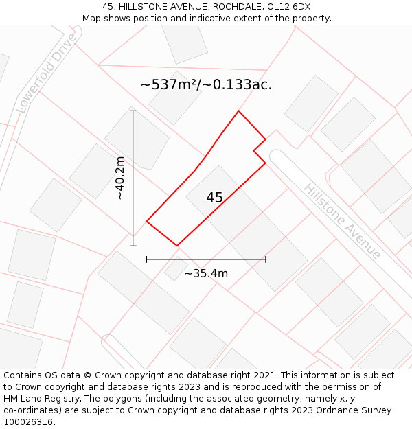 45, HILLSTONE AVENUE, ROCHDALE, OL12 6DX: Plot and title map