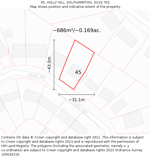 45, HOLLY HILL, SOUTHAMPTON, SO16 7ES: Plot and title map