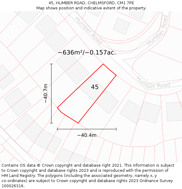 45, HUMBER ROAD, CHELMSFORD, CM1 7PE: Plot and title map