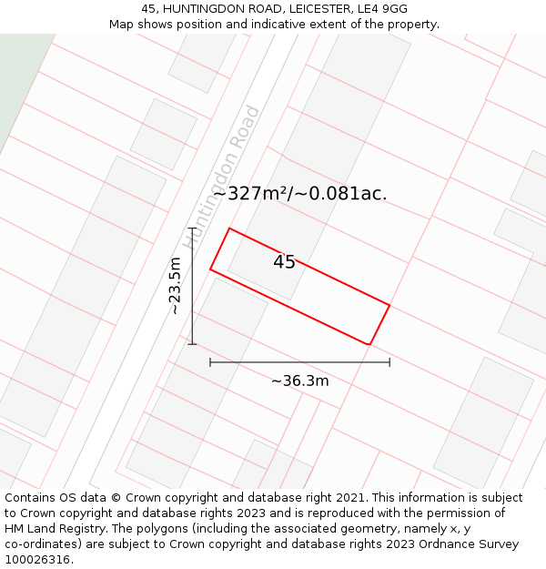 45, HUNTINGDON ROAD, LEICESTER, LE4 9GG: Plot and title map