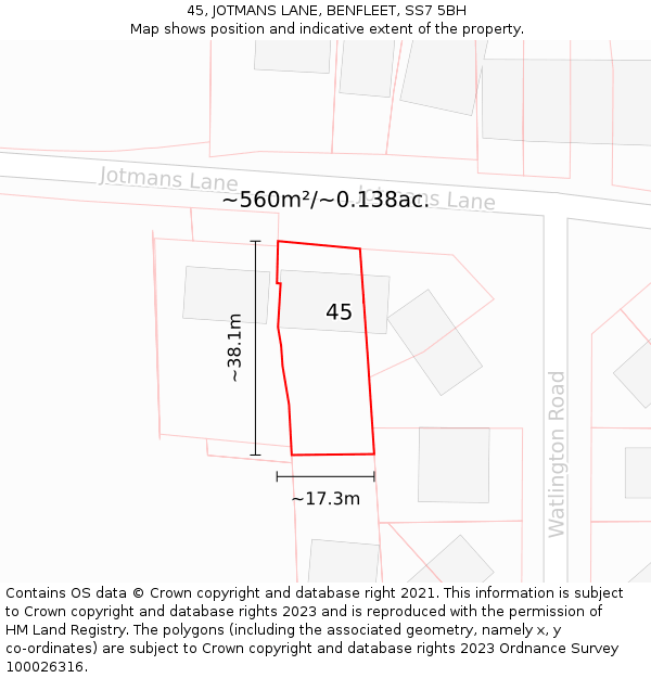 45, JOTMANS LANE, BENFLEET, SS7 5BH: Plot and title map