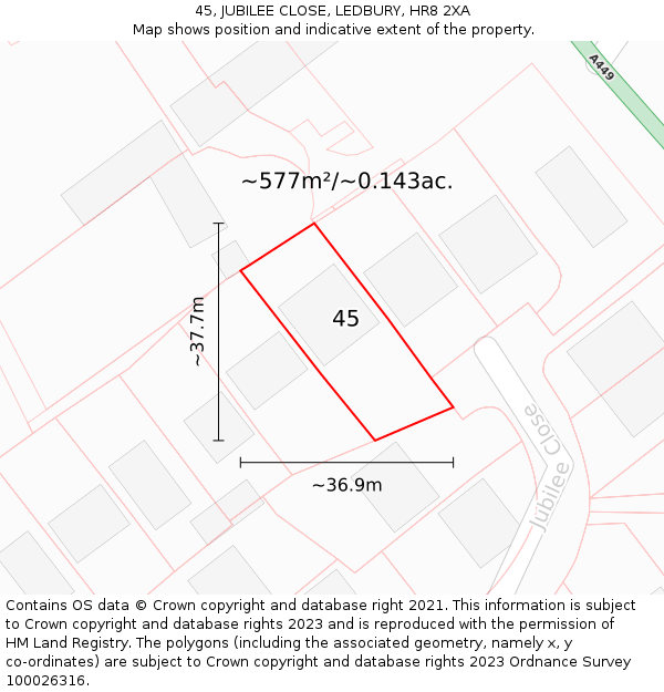 45, JUBILEE CLOSE, LEDBURY, HR8 2XA: Plot and title map