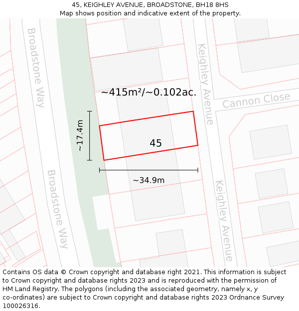 45, KEIGHLEY AVENUE, BROADSTONE, BH18 8HS: Plot and title map