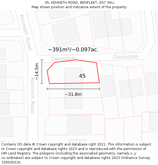 45, KENNETH ROAD, BENFLEET, SS7 3AU: Plot and title map