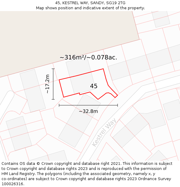 45, KESTREL WAY, SANDY, SG19 2TG: Plot and title map