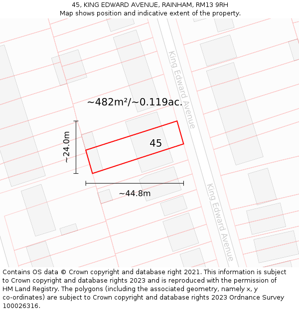 45, KING EDWARD AVENUE, RAINHAM, RM13 9RH: Plot and title map