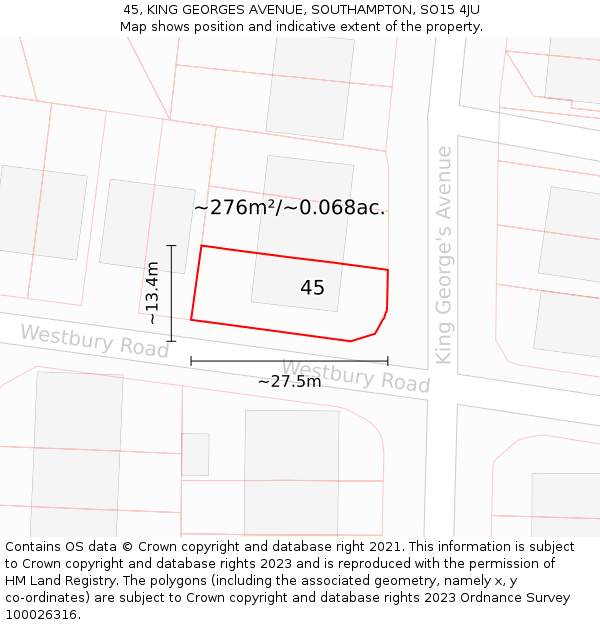 45, KING GEORGES AVENUE, SOUTHAMPTON, SO15 4JU: Plot and title map