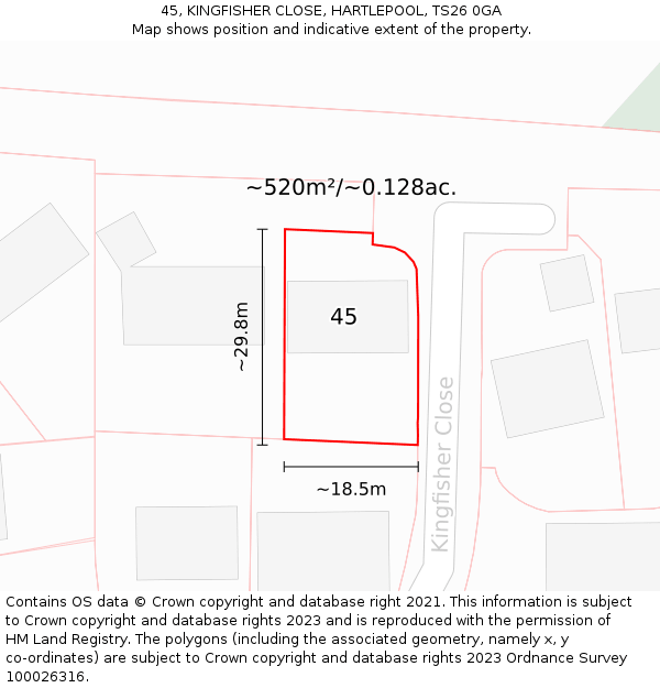 45, KINGFISHER CLOSE, HARTLEPOOL, TS26 0GA: Plot and title map