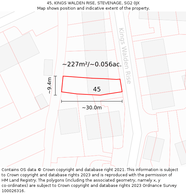 45, KINGS WALDEN RISE, STEVENAGE, SG2 0JX: Plot and title map