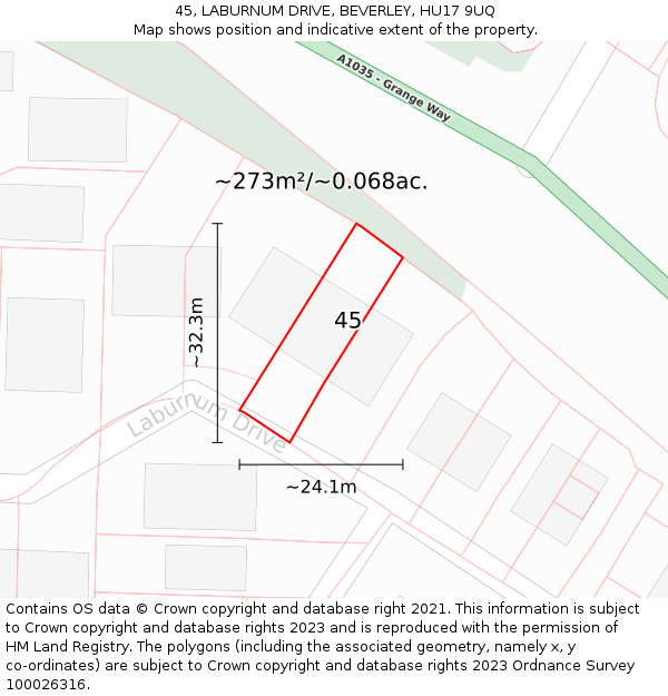 45, LABURNUM DRIVE, BEVERLEY, HU17 9UQ: Plot and title map