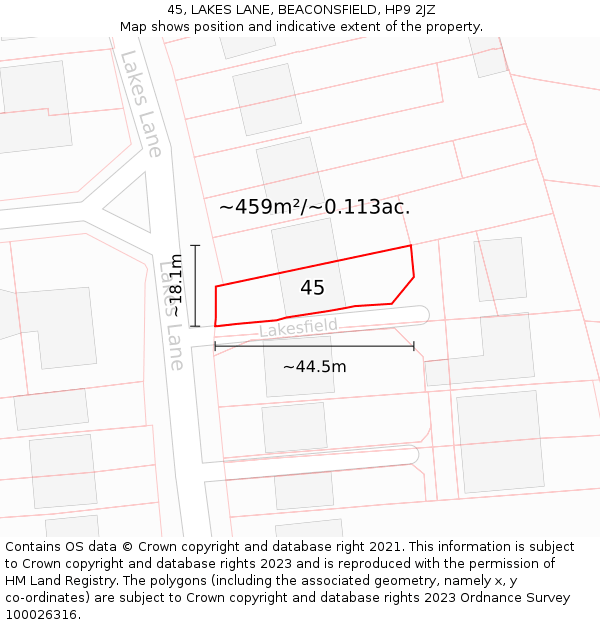 45, LAKES LANE, BEACONSFIELD, HP9 2JZ: Plot and title map