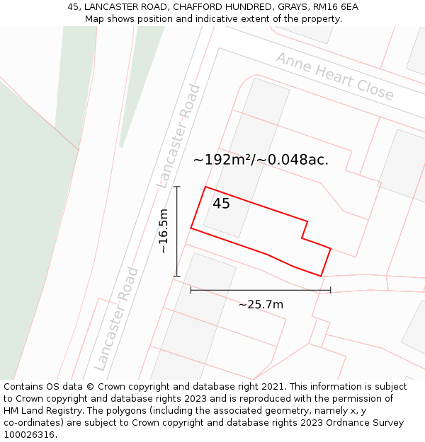 45, LANCASTER ROAD, CHAFFORD HUNDRED, GRAYS, RM16 6EA: Plot and title map