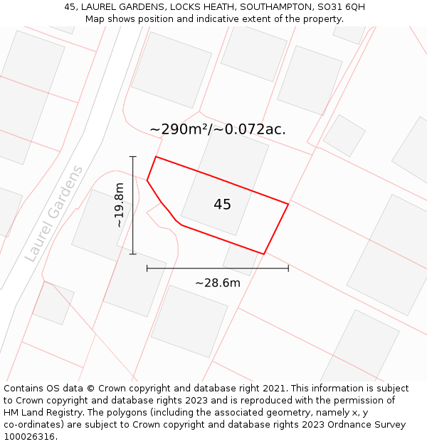 45, LAUREL GARDENS, LOCKS HEATH, SOUTHAMPTON, SO31 6QH: Plot and title map