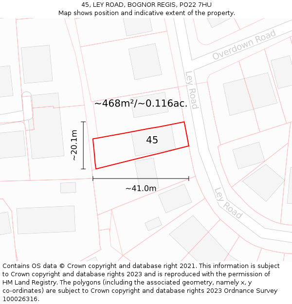 45, LEY ROAD, BOGNOR REGIS, PO22 7HU: Plot and title map