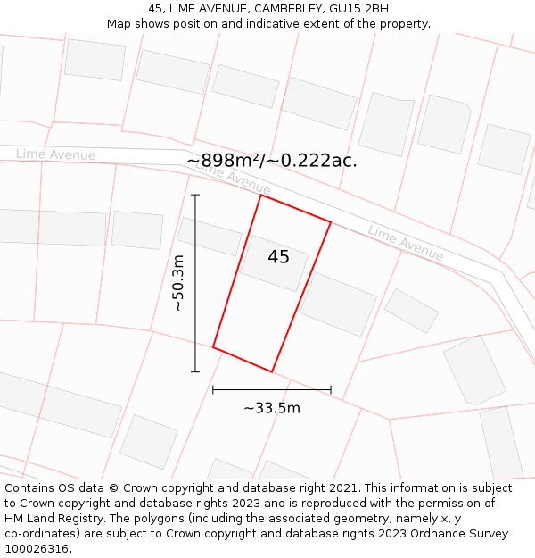 45, LIME AVENUE, CAMBERLEY, GU15 2BH: Plot and title map