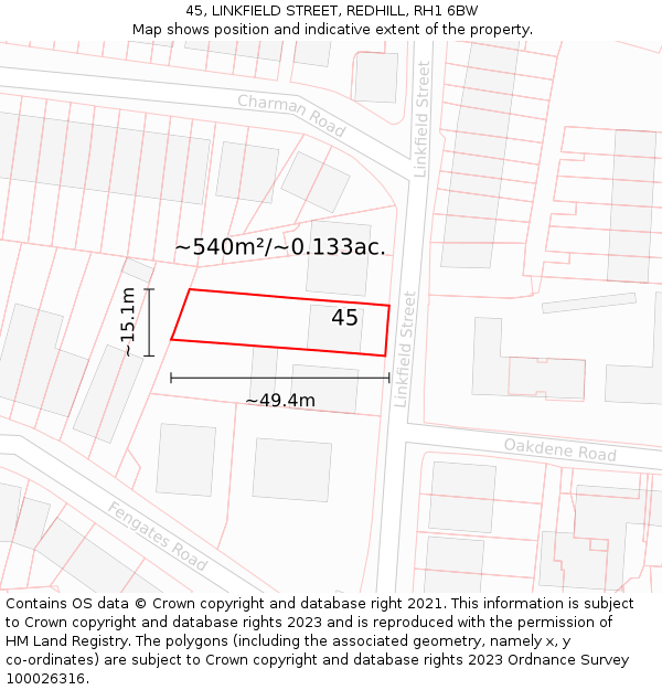 45, LINKFIELD STREET, REDHILL, RH1 6BW: Plot and title map