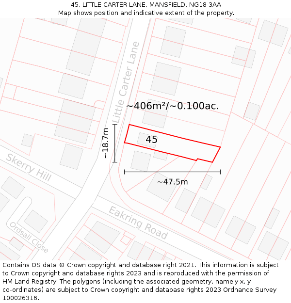 45, LITTLE CARTER LANE, MANSFIELD, NG18 3AA: Plot and title map