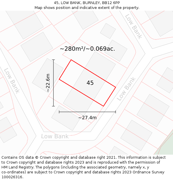 45, LOW BANK, BURNLEY, BB12 6PP: Plot and title map