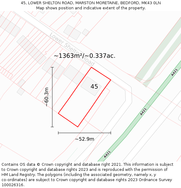 45, LOWER SHELTON ROAD, MARSTON MORETAINE, BEDFORD, MK43 0LN: Plot and title map