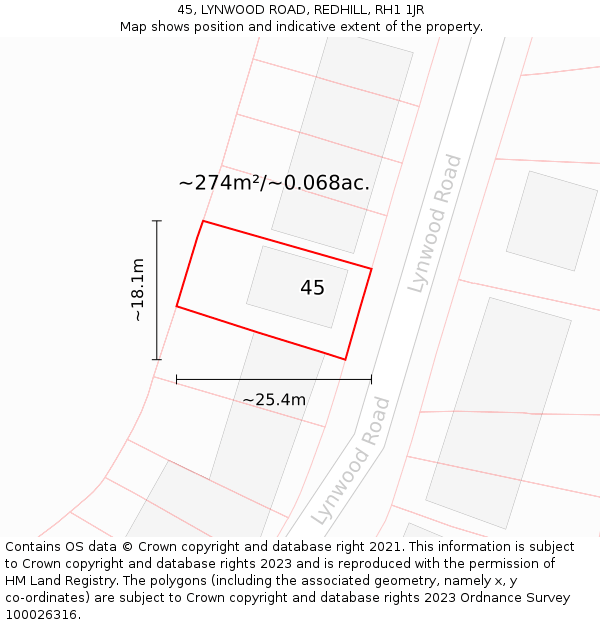 45, LYNWOOD ROAD, REDHILL, RH1 1JR: Plot and title map