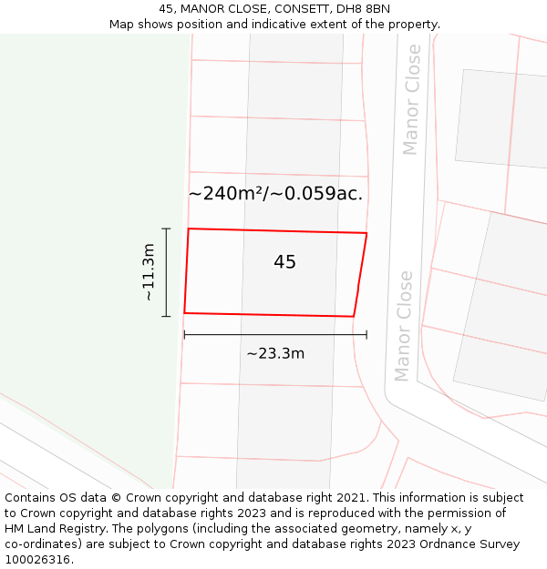 45, MANOR CLOSE, CONSETT, DH8 8BN: Plot and title map
