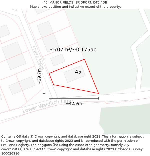 45, MANOR FIELDS, BRIDPORT, DT6 4DB: Plot and title map