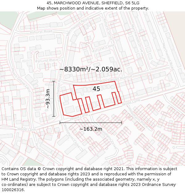 45, MARCHWOOD AVENUE, SHEFFIELD, S6 5LG: Plot and title map