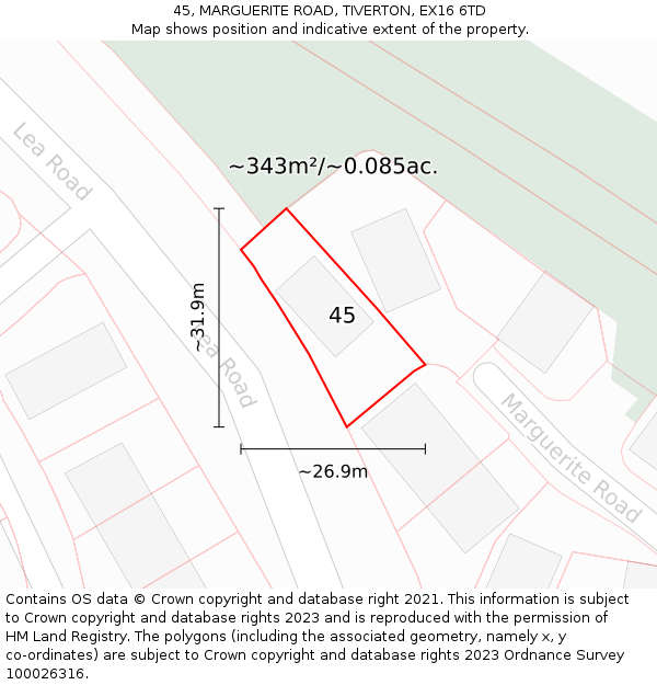 45, MARGUERITE ROAD, TIVERTON, EX16 6TD: Plot and title map