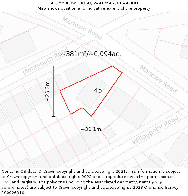 45, MARLOWE ROAD, WALLASEY, CH44 3DB: Plot and title map