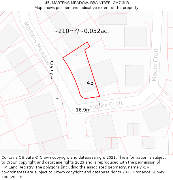45, MARTENS MEADOW, BRAINTREE, CM7 3LB: Plot and title map