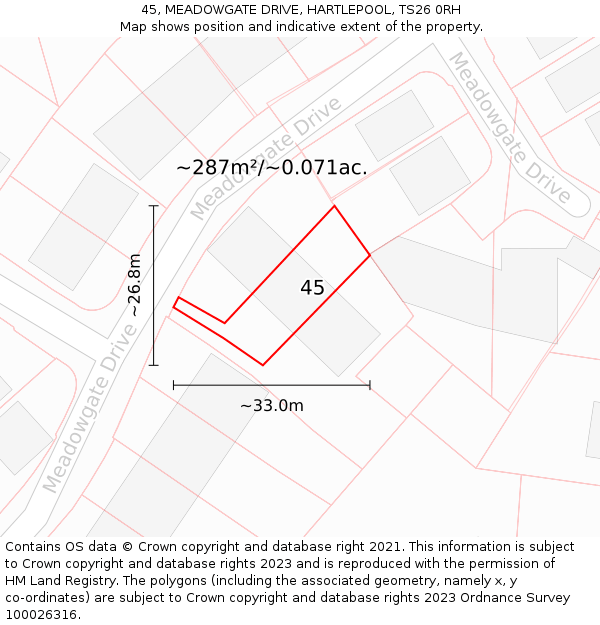 45, MEADOWGATE DRIVE, HARTLEPOOL, TS26 0RH: Plot and title map