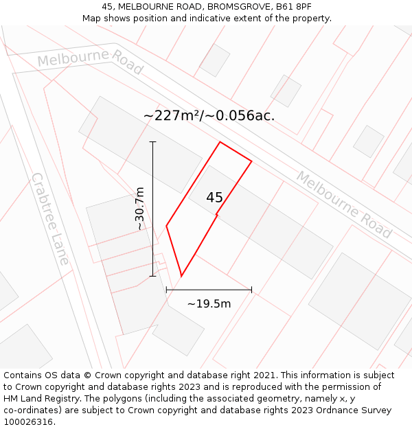 45, MELBOURNE ROAD, BROMSGROVE, B61 8PF: Plot and title map