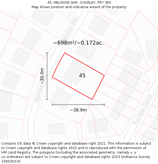 45, MELROSE WAY, CHORLEY, PR7 3EX: Plot and title map