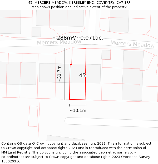 45, MERCERS MEADOW, KERESLEY END, COVENTRY, CV7 8RF: Plot and title map