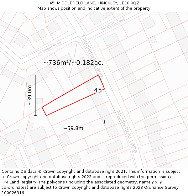 45, MIDDLEFIELD LANE, HINCKLEY, LE10 0QZ: Plot and title map