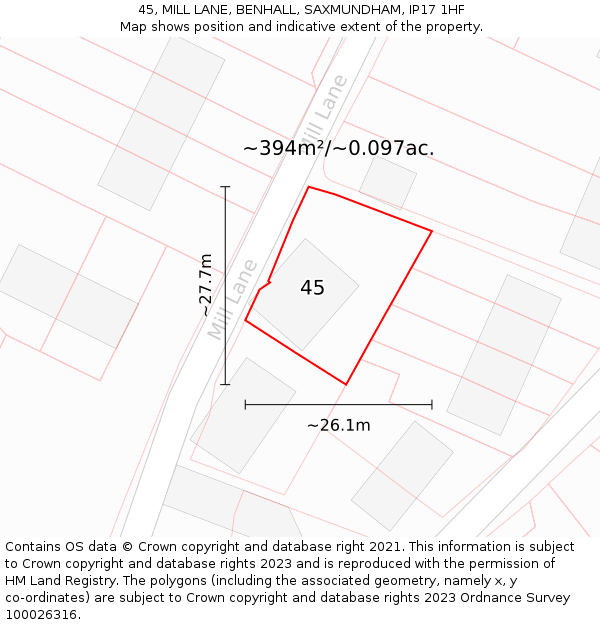 45, MILL LANE, BENHALL, SAXMUNDHAM, IP17 1HF: Plot and title map